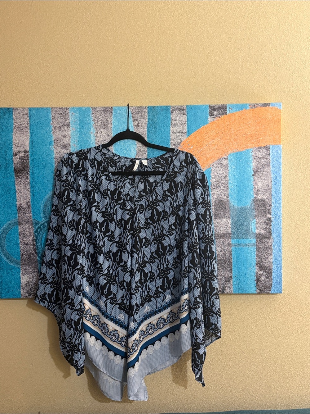 Cato Blue and Black Floral Border-Trim Blouse
